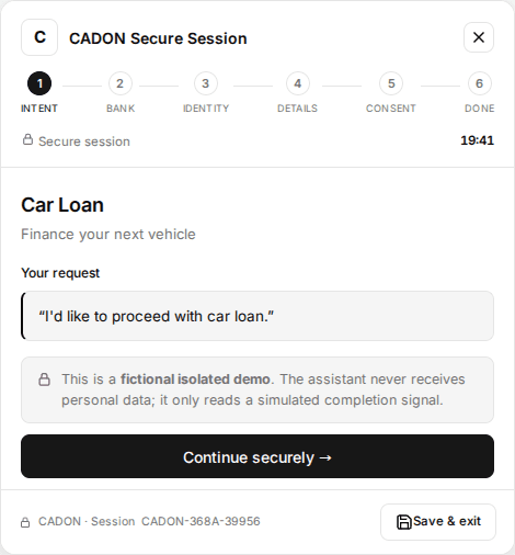 Actual CADON car-loan session launched by the connected MCP service